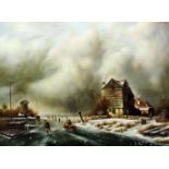 Style of Aime Perret (1847-1927) - Two oil paintings - In the Dutch style - Winter landscape with