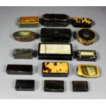 A Victorian rectangular horn snuff box with blonde tortoiseshell panel to lid, and fourteen other