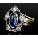 A late Victorian rose gold coloured metal mounted sapphire and diamond ring, the face set with an