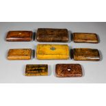 A Victorian Treen ware rectangular snuff box with oval silvery metal plaque to lid engraved "M.