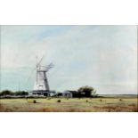 ***Michael John Hunt (born 1941) - Oil painting - Landscape looking towards Sandwich windmill, panel