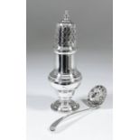 An Elizabeth II silver sugar castor, the pierced domed cover with moulded finial, moulded girdle