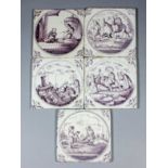 Five English 18th Century Delft Manganese tiles painted with biblical subjects, including - "The