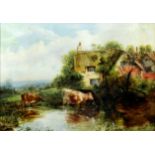 W.P. (19th Century British) - Oil painting - Rural landscape with cattle watering in pond to