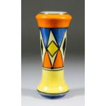 A Clarice Cliff "Bizarre" pottery vase (shape No. 187) painted with an angular design, 10.25ins