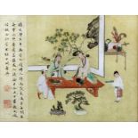 Chinese school - Four watercolours on silk - Scholars at work with attendants, each 11.5ins (29.3cm)