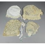 A Victorian Ayrshire white work Christening cap with lace border, two early 19th Century Carrick-Ma-