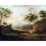 Late18th/early 19th Century English school - Oil painting - Romantic landscape with two figures