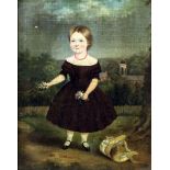 19th Century British school - Oil paining - Naive study of a young girl in a landscape holding a