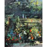 *** Fred Cuming (born 1930) - Oil painting - "The Garden in July", board 12ins x 10ins, indistinctly