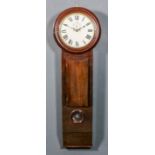 A mahogany cased tavern clock, the 14ins diameter painted metal dial with Roman numerals and