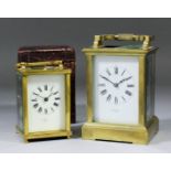 A late 19th/early 20th Century French carriage clock, No. 206, the white enamel dial with Roman