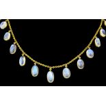 A late Victorian gold coloured metal mounted moonstone set necklace, the fine chain necklet hung