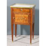 A French kingwood and marquetry rectangular bedside cabinet, the white veined marble top with gilt