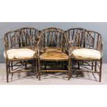 A set of six early 20th Century painted beechwood tub-shaped and spindle back Bergere armchairs with