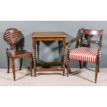 A William IV mahogany hall chair, the shaped back of scroll outline, with reeded crest rail and