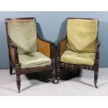 Two pair late George III mahogany framed Bergere armchairs with moulded rectangular backs