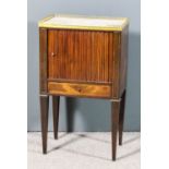 A French mahogany rectangular tray top bedside cabinet, the veined white marble top with gilt