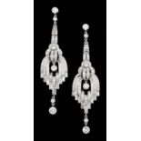 A pair of modern 18ct white gold mounted all diamond set pendant drop earrings (for pierced ears),