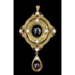 A modern 9ct gold garnet and seed pearl set pendant or brooch at will, in the "Classical Revival"