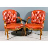 A pair of French beechwood framed open arm fauteuils of "Louis XV" design, the curved back, seat and
