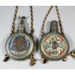 A late 19th Century metal cased circular schnapps flask and screw top, printed in colours with