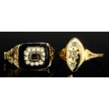 A late Georgian gold coloured metal seed pearl and enamel set mourning ring, the oblong face set