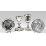 A William IV silver chalice and paten, the plain bowl engraved with christogram and worded "Drink Ye