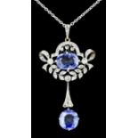 An Edwardian gold and silvery coloured metal mounted sapphire and diamond pendant, the oval cut