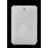 A Chinese white jade rectangular pendant finely carved with a figure fishing within a rectangular