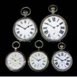 Two nickel cased open faced keyless Goliath pocket watches, the white enamel dials with Roman