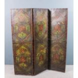 A Continental leather covered three fold draft screen, each fold painted with birds and flowers