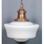 Four lacquered copper pendant hanging light fittings, all with white opaque glass shades for same