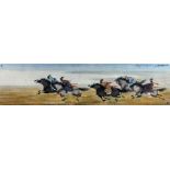 Cao Xiaoqin (born 1948) - Watercolour - Horse racing scene, 13ins (33.2cm) x 53ins (134.62cm),