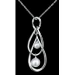 A modern 18k white gold pearl set pendant, the triple intertwined loop hung with two cultured