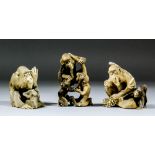 Three Japanese carved and stained ivory okimono - Monkey feeding his youngster, 2.5ins (6.4cm) high,