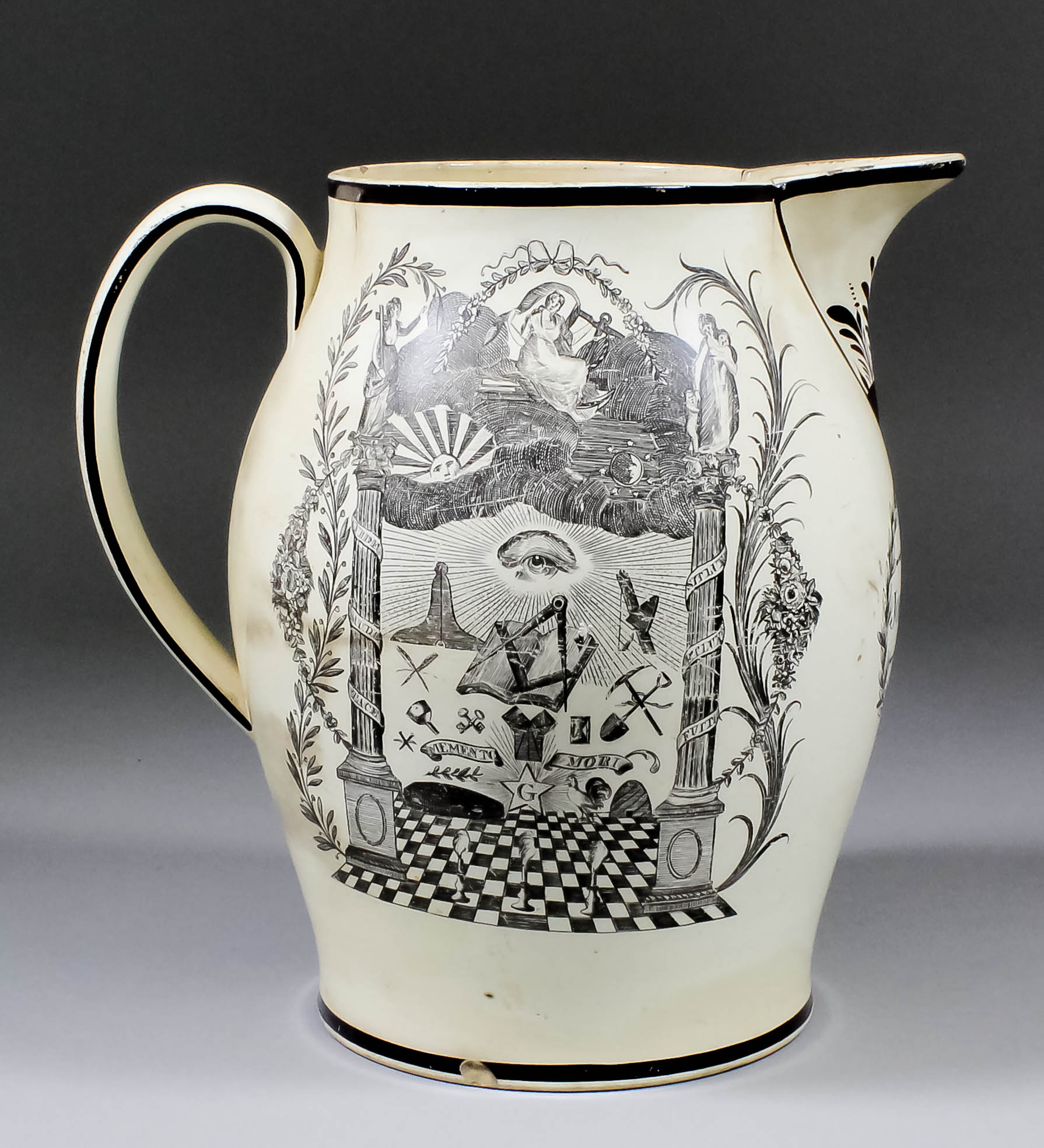 A late 18th Century English creamware jug, transfer printed in black with "The Farmers Arms",