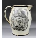 A late 18th Century English creamware jug, transfer printed in black with "The Farmers Arms",