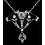 An early 20th Century Russian 14k gold mounted sapphire and diamond pendant in the "Art Nouveau"