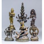 A Hindu brass figure of Bramah, 12ins (30.5cm) high, and five other Hindu brass and bronze