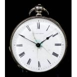 A lady's plated metal cased open faced pocket watch by Cartier of Geneve, the white enamel dial with