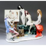 Adriano Colombo (born 1940) - Porcelain figural group of an artist painting three nudes, 9.75ins