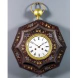 A 19th Century French tole cased wall clock, the 5ins diameter white enamelled dial with Roman