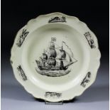 A late 18th Century English creamware plate of shaped outline, the centre printed in black with a