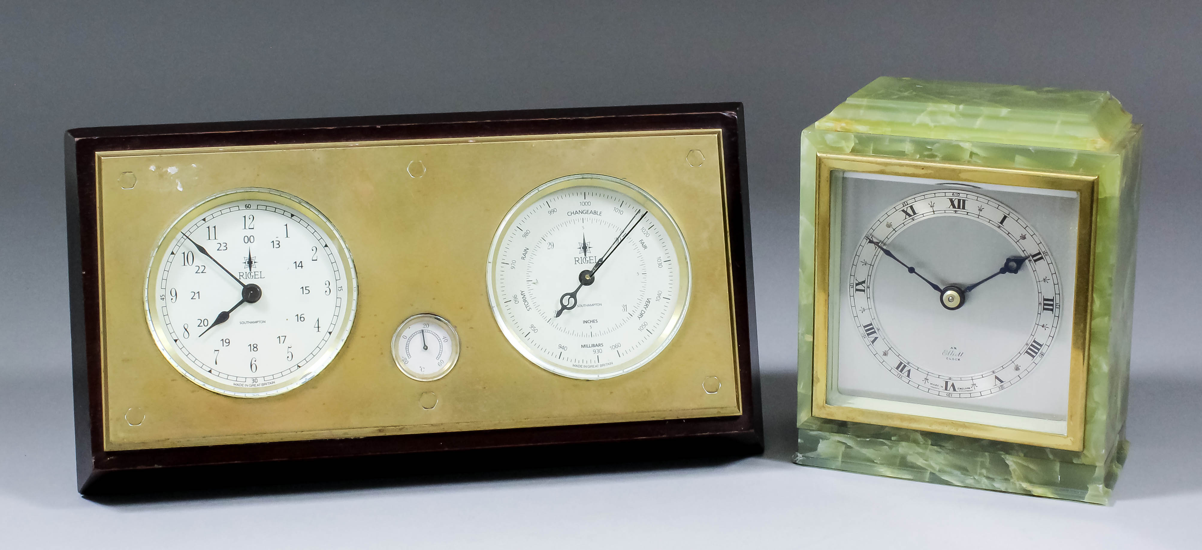 A 20th Century mahogany and brass faced desk timepiece and aneroid barometer by Rigel of