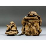 A Japanese carved boxwood inro carved in relief in the form of a basket and cover with six turtles