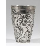 A late 19th/early 20th Century German silvery metal beaker by Th. Heiden, the tapered body cast in