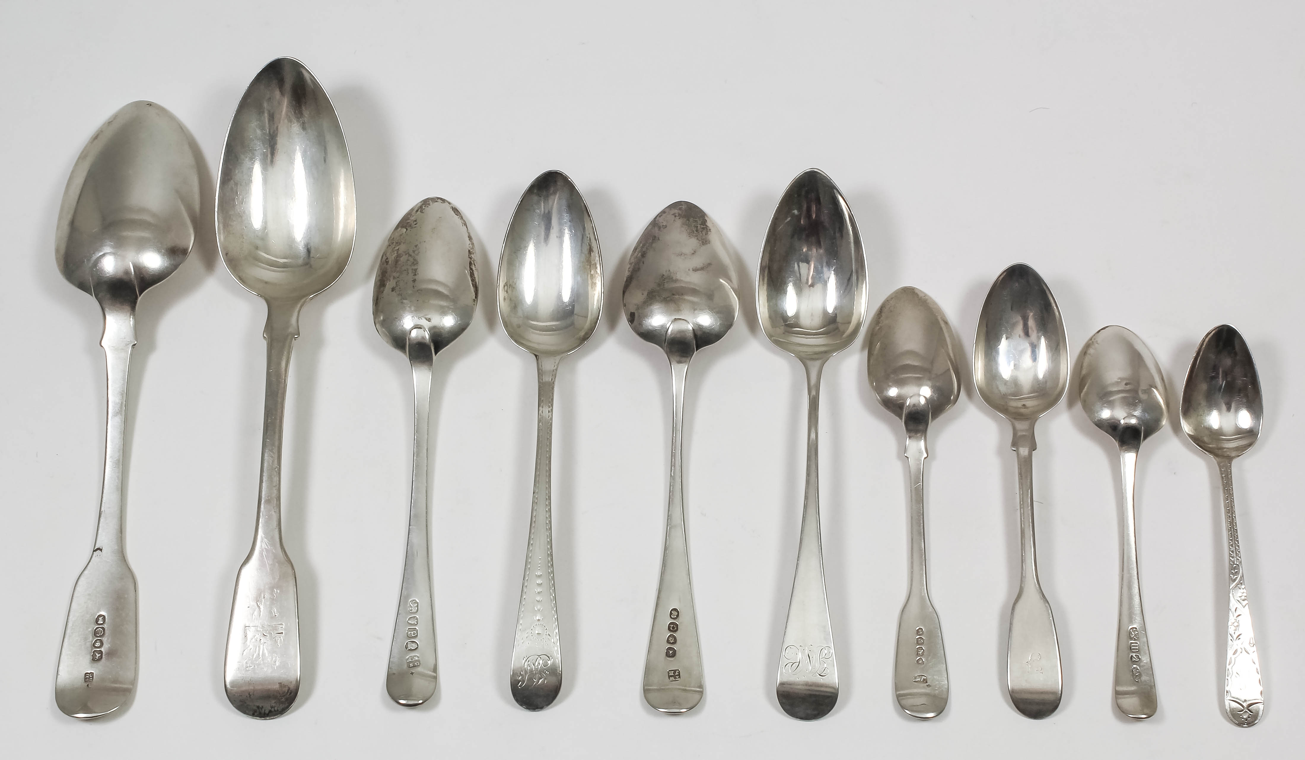 Six George III silver Old English and bright cut dessert spoons by George Smith & William Fearn,