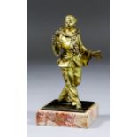 A late 19th Century French gilt bronze standing figure of Pierrot, on red veined marble square base,