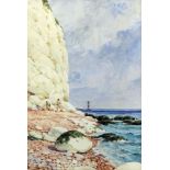 Ernest Prater (19th/20th Century) - Watercolour - Beach scene with white cliffs, 10ins x 6.75ins,